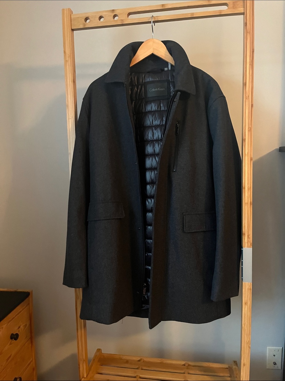 Calvin Klein Black Men's Wool-Blend Pea Coat with Quilted Liner - Picture 1 of 3